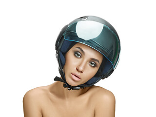 Image showing Portrait of attractive woman in motorbike helmet