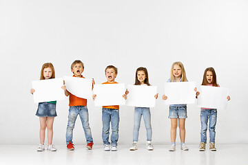 Image showing Group of children with a white banners isolated in white