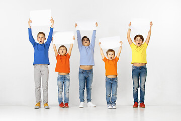 Image showing Group of children with a white banners isolated in white