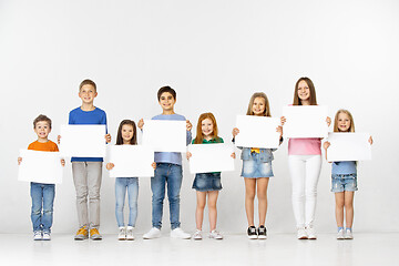 Image showing Group of children with a white banners isolated in white