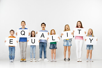 Image showing Equality. Group of children with a banners isolated in white