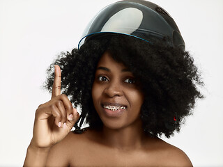 Image showing Portrait of attractive woman in motorbike helmet