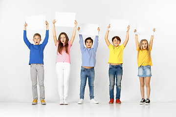 Image showing Group of children with a white banners isolated in white