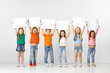 Image showing Group of children with a white banners isolated in white