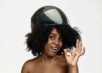 Image showing Portrait of attractive woman in motorbike helmet