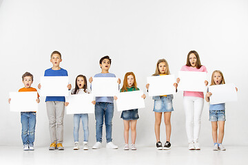 Image showing Group of children with a white banners isolated in white