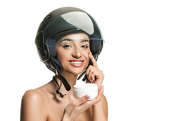 Image showing Portrait of attractive woman in motorbike helmet