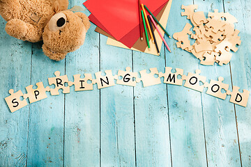 Image showing Stationery and words SPRING MOOD made of letters