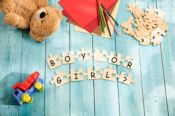 Image showing Stationery and words BOY OR GIRL made of letters