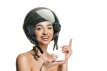 Image showing Portrait of attractive woman in motorbike helmet