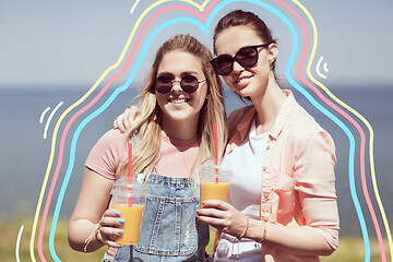 Image showing teenage girls or friends with drinks in summer