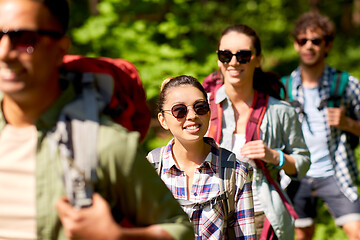 Image showing group of friends with backpacks hiking in forest