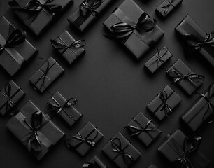 Image showing Arranged Gifts boxes wrapped in black paper with black ribbon on black background. Christmas concept