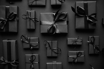 Image showing Dark Christmas theme. Square boxed gifts wrapped in black paper and ribbon arranged on black