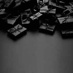 Image showing A pile various size black boxed gifts placed on stack. Christmas concept.