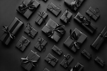 Image showing Elegant black Christmas theme. Wrapped gifts in black matte paper with ribbon