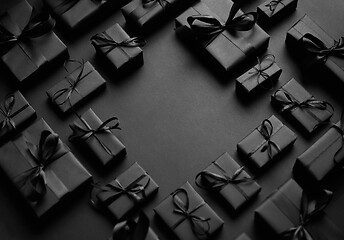 Image showing Arranged Gifts boxes wrapped in black paper with black ribbon on black background. Christmas concept