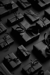 Image showing Dark Christmas theme. Square boxed gifts wrapped in black paper and ribbon arranged on black