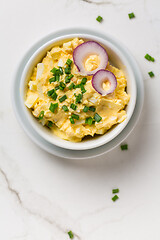 Image showing Egg spread with onion and chives on marble background