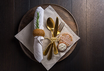 Image showing Christmas table place setting with vintage silverware and gingerbread