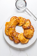 Image showing Homemade low calarie curd cheese pancakes on white plate