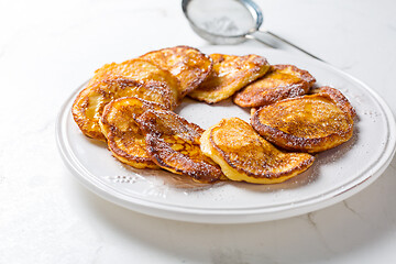 Image showing Homemade low calarie curd cheese pancakes on white plate