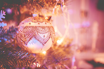 Image showing Closeup of Christmas tree decorations. Selective focus with retro faded colors