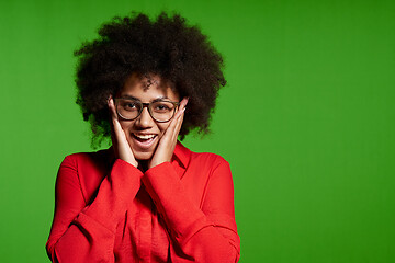 Image showing Happy excited young African-American girl looking at camera screaming with hands on cheeks