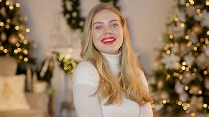 Image showing Fashionable smiling woman wearing knitwear cozy sweater in front of christmas tree