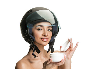 Image showing Portrait of attractive woman in motorbike helmet