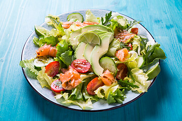 Image showing Healthy salad with smoked samlmon and avocado