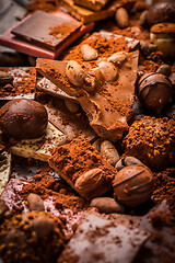 Image showing Variation of chocolate and candy with cocoa and cocoa beans as background