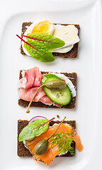 Image showing Variation of healthy open sandwiches on Pumpernickel bread with vegetables, salmon, ham, herbs and soft cheese