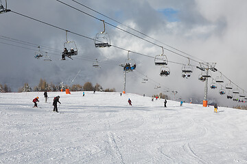 Image showing Skiing slopes, with many people