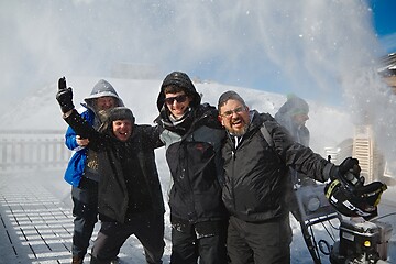 Image showing Skiers having fun ona restaurant balcony