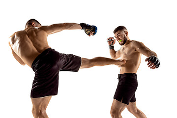 Image showing Two professional boxers boxing isolated on white studio background