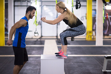 Image showing woman working out with personal trainer jumping on fit box