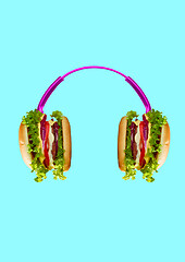 Image showing Hamburger and headphones. Modern design. Contemporary art collage.