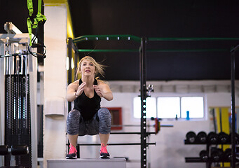 Image showing woman working out  jumping on fit box