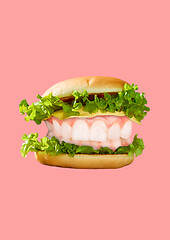 Image showing Modern art collage. Hamburger and white teeth