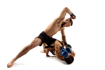 Image showing Two professional boxers boxing isolated on white studio background