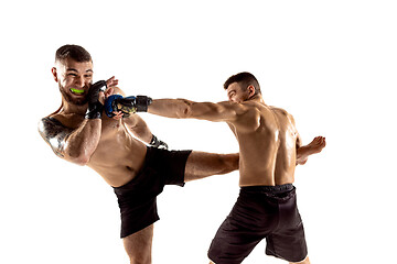 Image showing Two professional boxers boxing isolated on white studio background