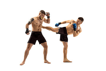 Image showing Two professional boxers boxing isolated on white studio background