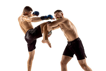 Image showing Two professional boxers boxing isolated on white studio background