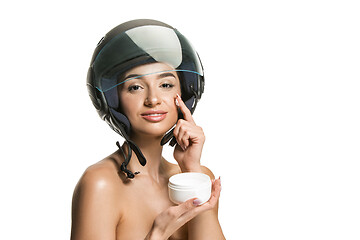 Image showing Portrait of attractive woman in motorbike helmet