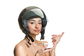 Image showing Portrait of attractive woman in motorbike helmet