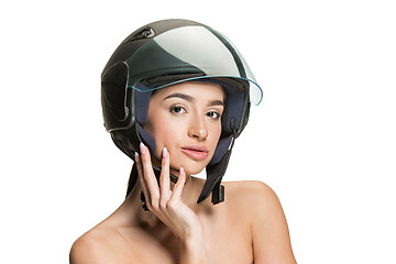 Image showing Portrait of attractive woman in motorbike helmet