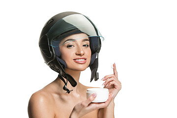 Image showing Portrait of attractive woman in motorbike helmet