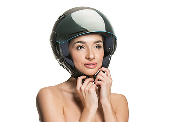 Image showing Portrait of attractive woman in motorbike helmet