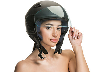 Image showing Portrait of attractive woman in motorbike helmet